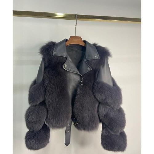 100% Natural Fox Fur with Genuine Leather Coats Real Fox Fur Coat Link with Genuine Sheepskin Leather Long Sleeves Short Jacket