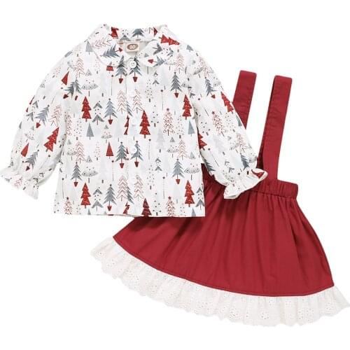 1-4Y Fashion Christmas Toddler Baby Girls Clothes Sets Long Sleeve Christmas tree Printed Shirt Tops Suspender Skirt 2pcs