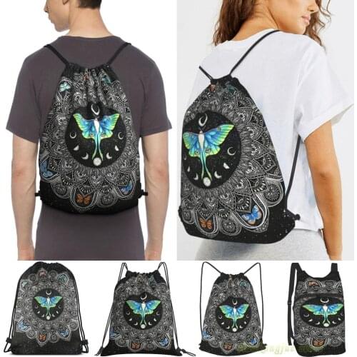 Men Outdoor Travel Drawstring Backpack Bags Lunar Moth Mandala With Background Women Sports Travel Bag Fitness Swimming Bag