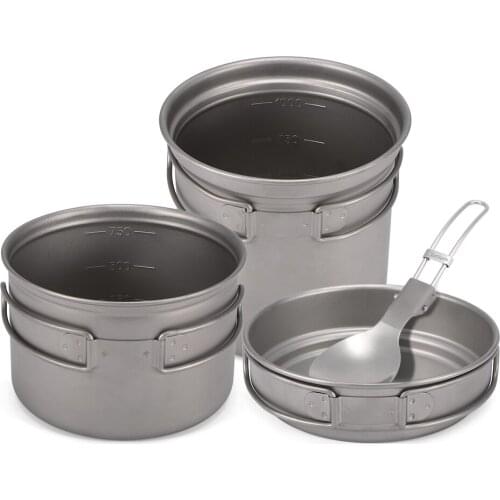 Camping Titanium Cookware Set 1000ml 750ml Pot Pan Spoon Set for Outdoor Camping Hiking Backpacking Picnic Cooking Equipment