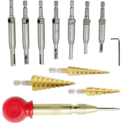 13 Hinge Drill Set with 8 Cabinet Hinge Hole Openers 3 HSS Titanium-Coated Step Drill Bits 1 Center Punch 1 Wrench