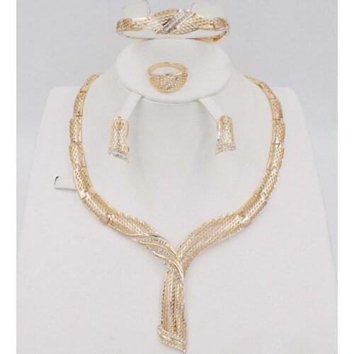 New African Jewelry Sets Gold Color Trendy Necklace Earrings Bracelet Women Gold Color Jewelry Set Wedding Accessories