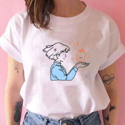 Ophie Kisses Calcife T-Shirt Women Harajuku Kawaii Girl 90s Aesthetic Japanese Anime Graphic Tee Tops Howls Moving Castle