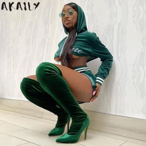 Akaily Autumn Green Velvet 2 Two Piece Sets Womens Outfits Mini Skirts Letter Knit Hooded Crop Top Bodycon Dress Sets Suits 2021