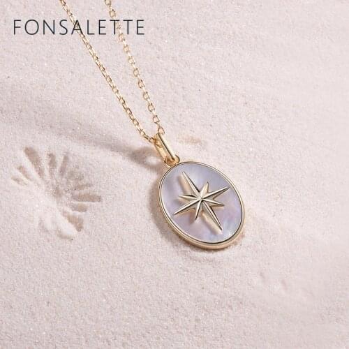 Compass Pendant Necklace Sterling Silver White Shell Mother of Pearl Star Necklace for Women Girls Fashion Jewelry