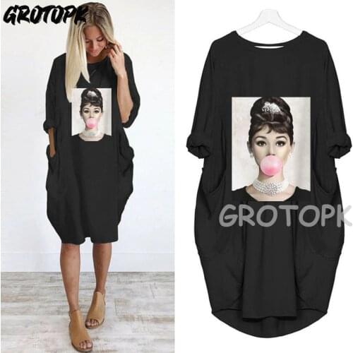 Audrey Hepburn Pink Bubble Print Dresses for Women 2021 Loose Summer Clothes Female Fashion Oversize Dress Long Sleeve Dresses