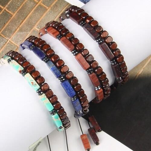 2Pcs/Set Cuboid Natural Stone Braided Bracelets Shoushan Bloodstone Hematite Spacer Wood Beads Unisex Woven Bracelet Jewelry