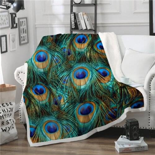 3D Peacock Feathers Throw Blanket For Sofa Bed Animal Print Bedspread Soft Warm Winter Fleece Plush Car Bed Cover For Child Kids