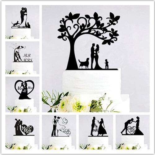Mixed Style Funny Bride & Groom Silhouette Wedding Cake Topper Acrylic Mr & Mrs Toppers for Wedding Decoration Cake Accessory