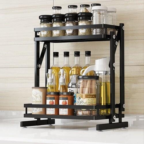 Spice Rack Organizer, Foldable 2-Layers Bathroom Shelf Organizer Multi-function Countertop Kitchen Rack Organizer with 3 Hooks