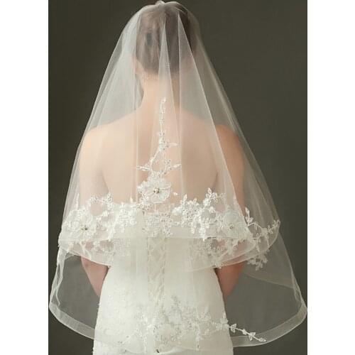 Tanpell Ivory Appliques Beading Flowers Wedding Veil Appliques Edge Short Two Layers Bridal Veil