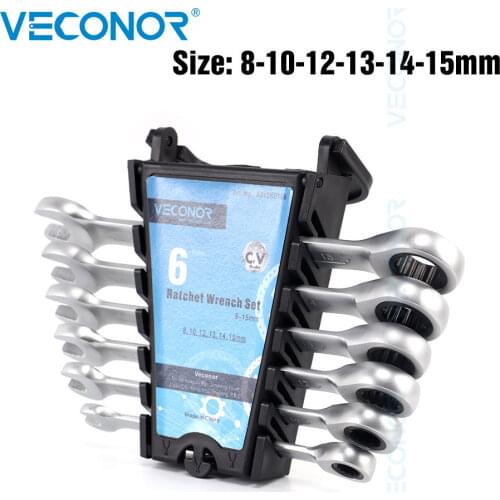 6Pcs Hand Tools 8-15mm size Dull Polish Ratchet Key Wrench Tools Set 72T Ratcheting Spanner with Rack for Car Repairing