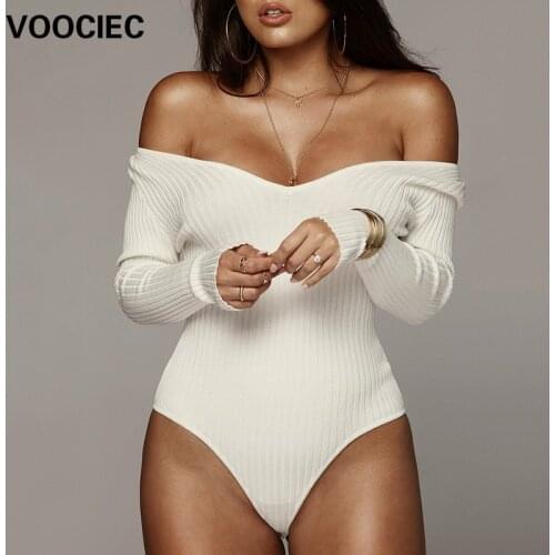 VOOCIEC Keep warm in autumn and winter Off shoulder casual T-shirt one piece V-Neck long sleeve Jumpsuit nude bodysuit