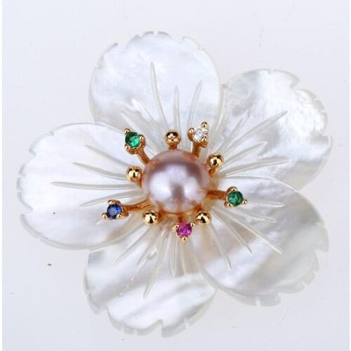 Yacq Womens Freshwater Pearl Cubic Zirconia CZ White Shell Flower Magnetic Brooch Pin Luxury Handmade Jewelry Christmas Gifts