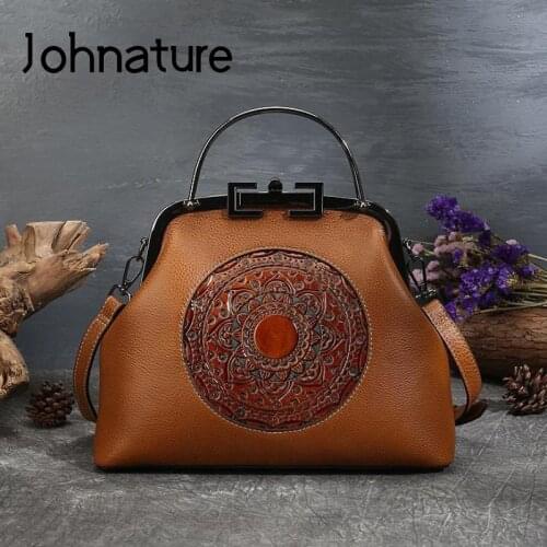 Johnature Retro Handmade Totem Women Bag 2020 New Genuine Leather Hasp Shoulder Bags First Layer Cowhide Leisure Female Handbag