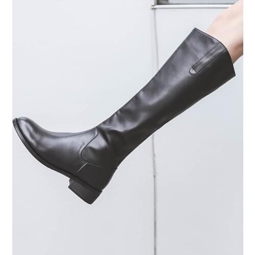 Women Knee High Boots Cow Leather Motorcycle Round Toe Zip Footwear Low Heels Female Riding Boot Woman Atuumn 2020