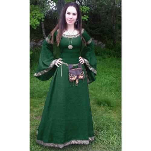 Women Costume Round Neck Flared Sleeves Tunic Medieval Ladies Dress Plus Size Adult Halloween Costume Retro Party Dress