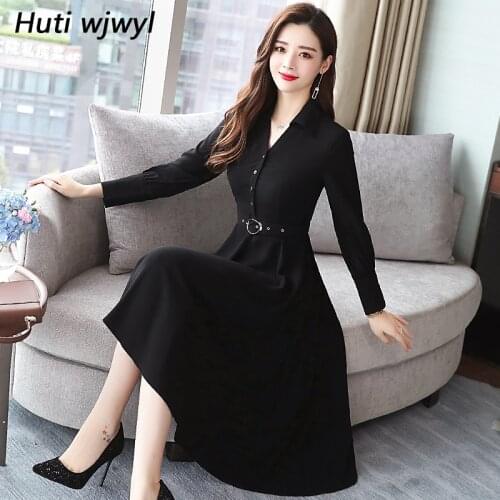 Plus Size 2021 Autumn Winter New Black Midi Dresses Women Elegant Korean Bodycon V-Neck Dress Party Long Sleeve Runway Vestidos