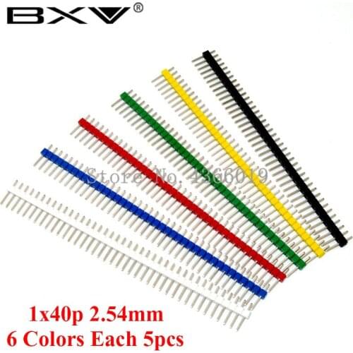 30pcs 40 Pin 1x40 Single Row Male 2.54 Breakable Pin Header Connector 40pin Strip (6 Colors Each 5pcs) 2.54mm