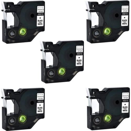5Pcs Dymo D1 12mm 45013 Black on White Label Tapes Compatible Dymo LM160 280 Label Printers D1 45010 45018 Laminated Waterproof