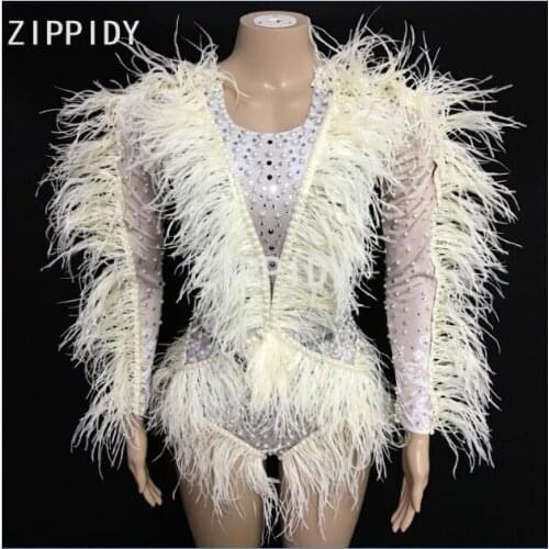 Fashion Sexy Bright Silver Crystals Pearls Feather Fringes Bodysuit Womens Celebrate Nightclub DJ Female Singer Show Bodysuits
