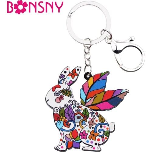 Bonsny Acrylic Easter Hare Rabbit Key Chains Anime Keyrings For Women Girl Ladies Handbag Car Key Charms Cute Animal Jewelry New