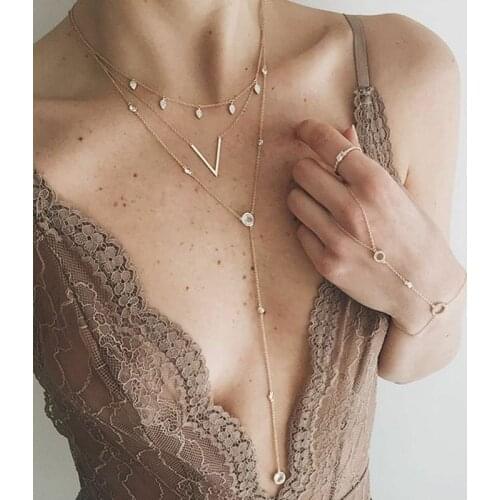 Fashion layered one piece Choker with rhinestones Long V-shaped alloy necklace Woman clothing Accessories Chains Jewelry Gift