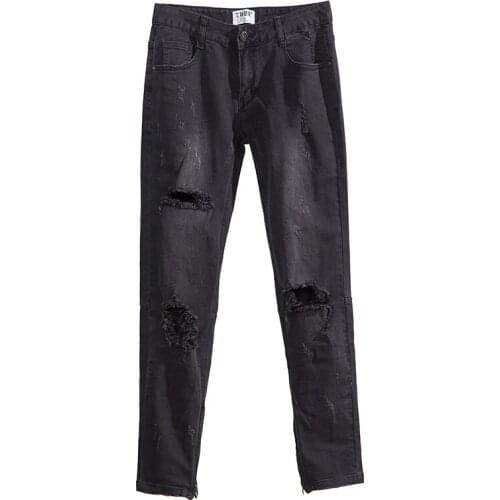 Pants with zipper knees big hole jeans jeans hip hop trend mens high street wind wild pants