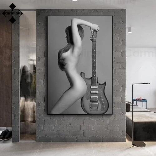 Busty Naked Lady with Guitar Print Picture Wall Art Black and White Canvas Painting Long Hair Lady Poster Print for Home Decor