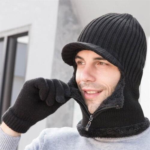 Men Warm Cap Scarves Women Winter Zip Hooded Scarf Male Plush Knitted Hat Scarf With Golves set gorras hombre KZ197