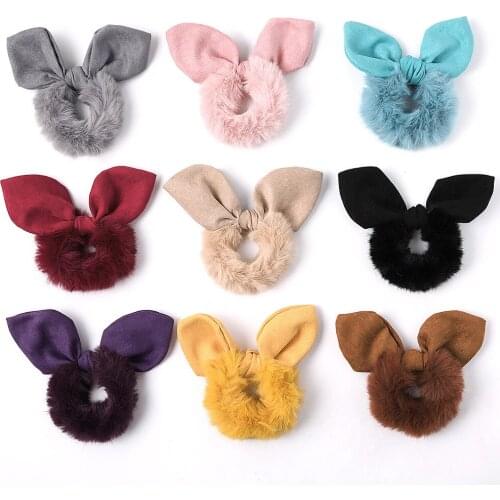 2021 Winter New Pattern Rabbit Ear Hair Bands Plush Animal Fur Scrunchy For Ponytail Holder Cute Kawaii Hair Accessory For Girls