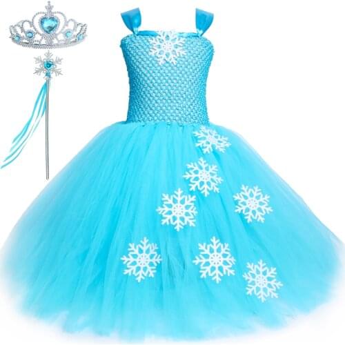 Girls Elsa Tutu Dress Snowflake Girl Birthday Party Tulle Princess Dress Kids Christmas Halloween Cosplay Elsa Costume 1-12 Year