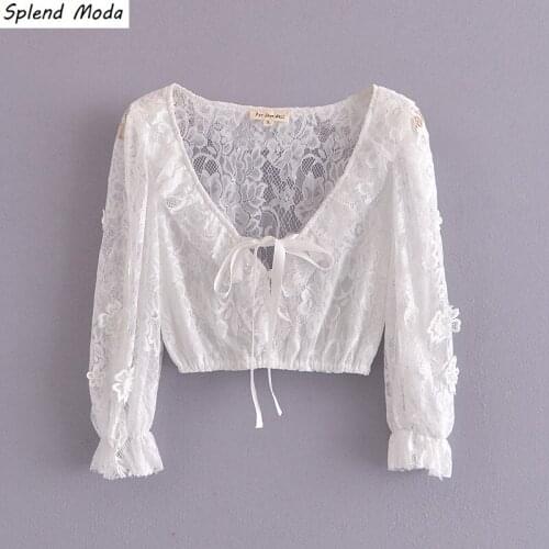 Splend Moda 2021 Summer New White Romantic Sexy V-Neck Lace Ruffled Neckline Embroidered Puff Sleeve Short Lace Blouse Top Women
