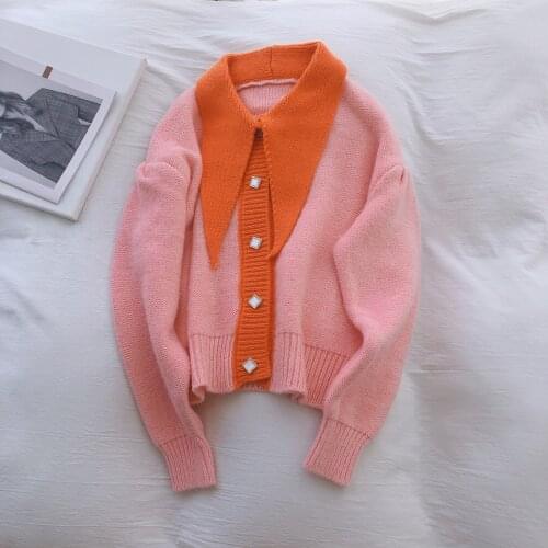 Pull Femme New Contrast Color Turn Down Collar Knitted Cardigan Korean Causal Long Sleeve Sweater Coat 2020 New Cotton Polyester