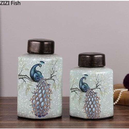 Vintage American Ceramic Storage Jar Cabinet Living Room Storage Furnishings Art Peacock Pattern Sealed Storage Tank Home Decor