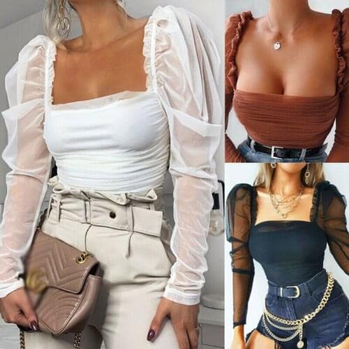 2020 Summer Women Solid Short Blouse Shirts Crop Tops Mesh Puff Sheer Long Sleeve Tops Square Neck Top Pullover Blouse Shirts