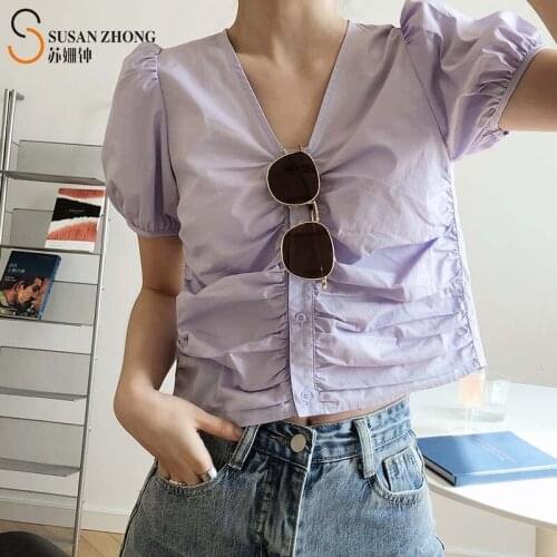 Women Shirts Summer Female Blouse Lantern Short Sleeve Crop Top Cotton V Neck Shirring Pleats Buttons Purple Korean Fashion Y2K