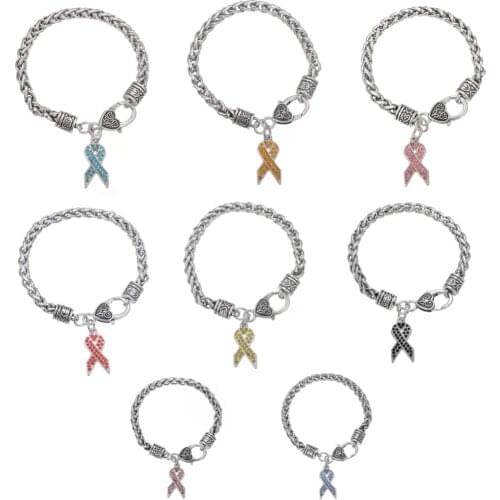 Teamer Brand Mix Colors Pink Ribbon Cancer Awareness Charms Crystal Bracelet