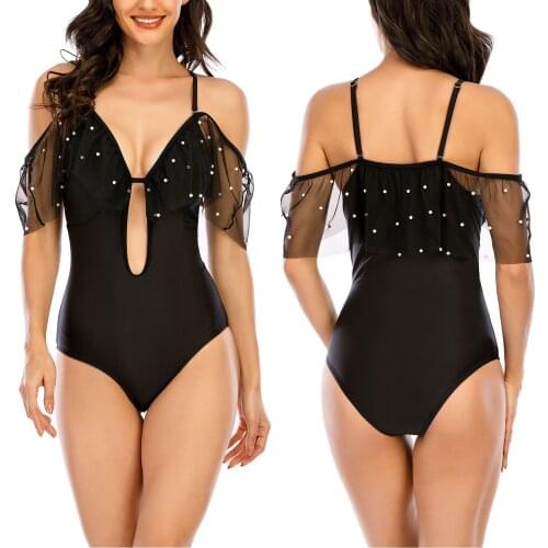 Womens Sexy Spot Printing Swimsuit 2021 New Classic Mesh Sleeve Sling Bodysuit Low Collar High Waist Swimming Suit Beachwear