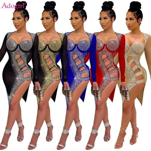 Adogirl S-3XL Diamonds Hollow Out Sheer Mesh Club Party Dress Women Sexy Strapless Long Sleeve Midi Vestidos Female Outfits