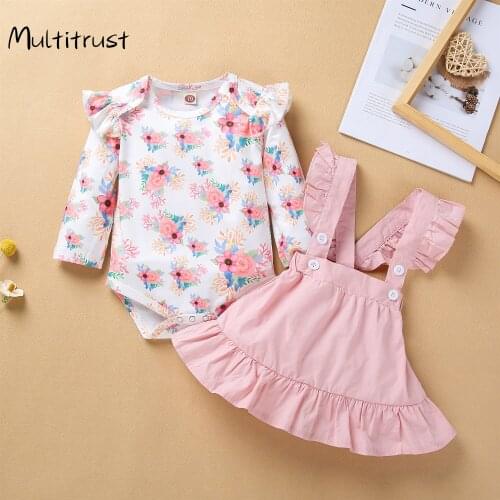 Baby Girls Clothes Sweet Flower Long Sleeve Bodysuit Jumpsuit and Fresh Solid Color Suspender Skirt 2pcs