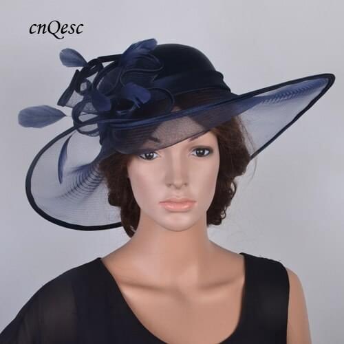 2019 NEW DESIGN Wide brim hatinator satin Kentucky Derby Womens hat Crin fascinator wedding hat with feathers for races,church