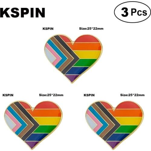 Progress Pride Heart Shaped Lapel Pin Flag badge Brooch Pins Badges 3Pcs a Lot
