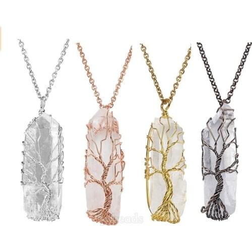 5pcs/ Natural Clear Quartzs Wire Wrapped Healing Crystal Tree Of Life Pendant Necklace Wholesale