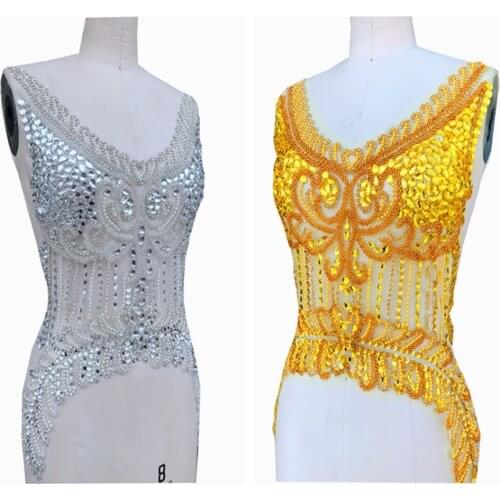 Handmade rhinestones applique on mesh sew on beads stones trim patches 61*37cm for dress accessory