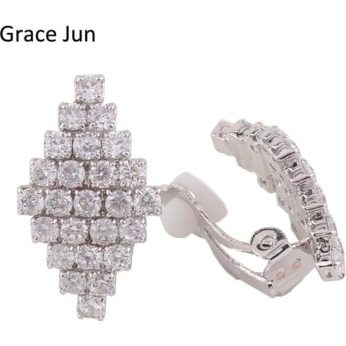 Grace Jun High Quality AAA Cubic Zircon Copper Material Clip on Earring Without Piercing for Girlsl No Hole Ear Clip Jewelry
