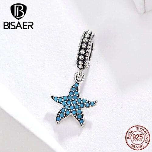 BISAER Starfish Charms 925 Sterling Silver Ocean Starfish Shape Charms Beads fit for Women Bracelets Silver 925 Jewelry ECC1210