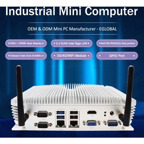 Eglobal Industrial Fanless Mini PC Intel i5-6360u i7 10510U 2*Lans 2*COM 7*24 Working Micro Computer Linux 4G SIM WiFi VGA HDMI