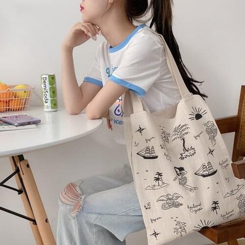 Cotton Linen Women Canvas Shoulder Bags Eco Friendly Shopping Bag Large Capacity Vintage Handbag Tote Butterfly Sailing Print