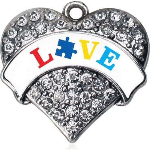 Custom Sticker Love Puzzle Piece Autism Charm White Crystal Heart Jewelry For Autistic